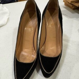 Christian Louboutin Black Pointed-Toe Velvet Pumps with Metallic Trim